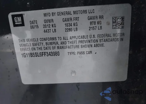 2015 Chevrolet Malibu Ls z USA, uszkodzony, nr VIN 1G11B5SL6FF343980